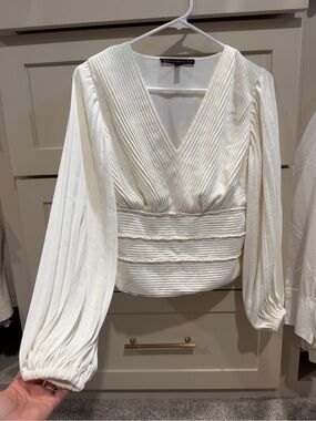 White House Black Market Cream Pleated V-Neck Blouse